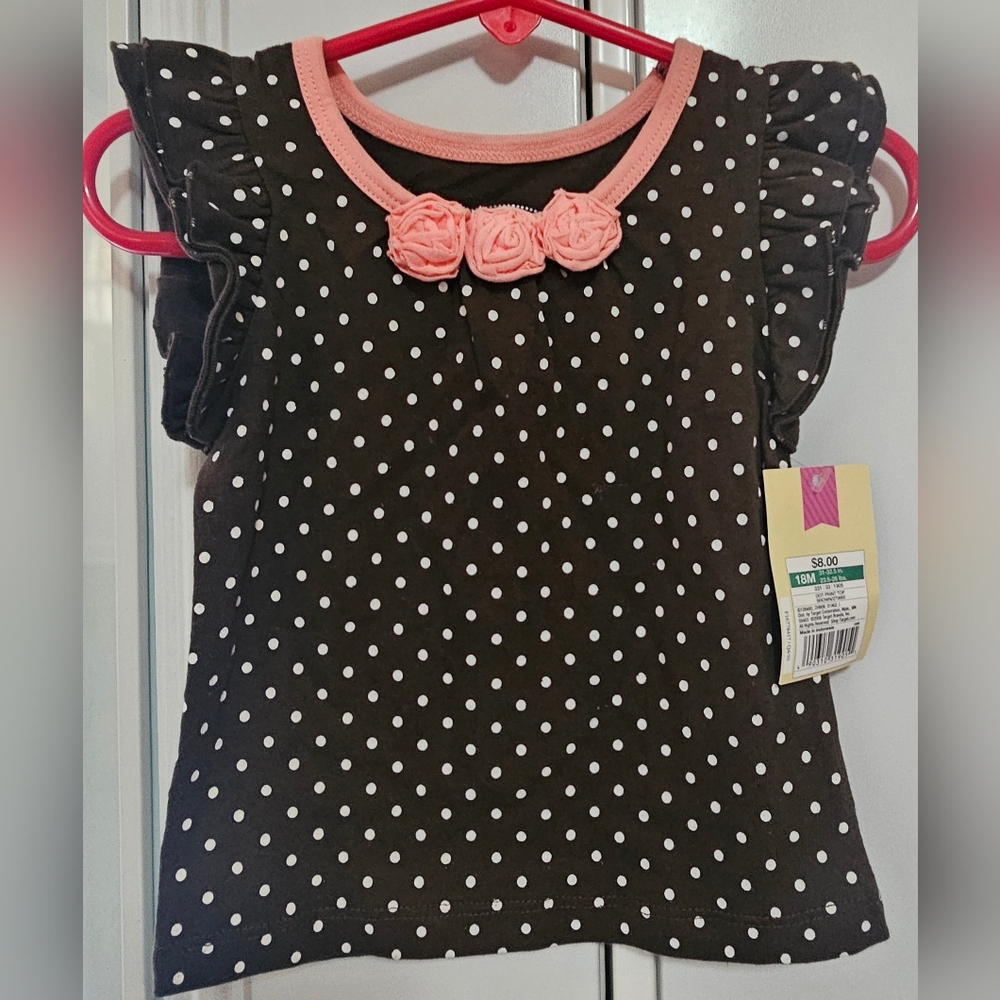Cherokee Brown Polka Dot Top with Pink Floral Accents Size 18M NWT 🌸